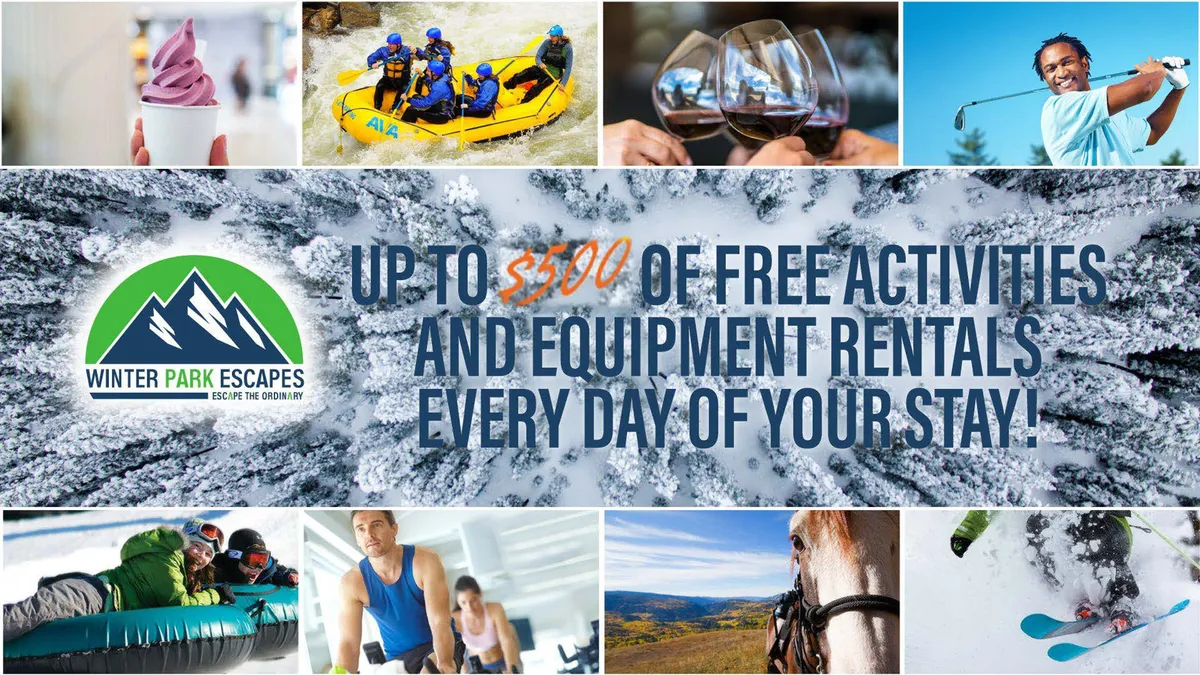A lively collage of outdoor activities, showcasing people rafting on a river, savoring ice cream, clinking wine glasses, skiing, golfing, and horseback riding. The image conveys a sense of fun, adventure, and variety in resort-style experiences.