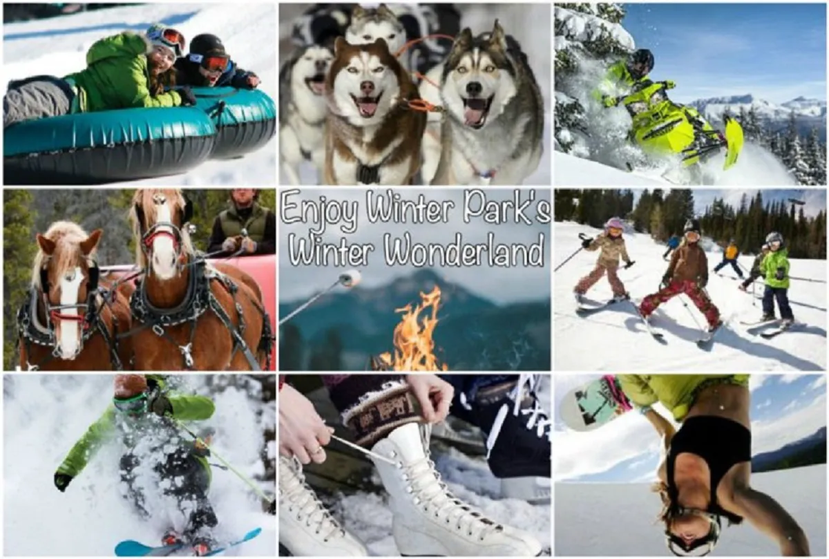 A vibrant winter scene showing people enjoying snow tubing, dog sledding with huskies, snowmobiling, horse-drawn sleigh rides, skating, and skiing. The snowy landscape is bustling with energy and excitement, perfect for families and kids.