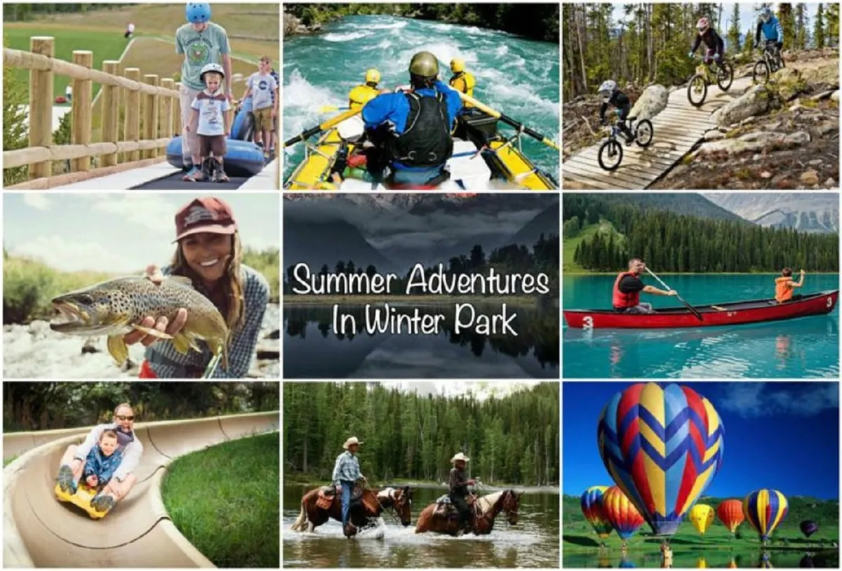 A lively outdoor scene featuring families engaged in various activities: rafting down a river, bicycling on a trail, fishing, kayaking, tubing, horseback riding, and even a hot air balloon soaring in the background. The landscape is lush and inviting, creating a sense of adventure and togetherness.