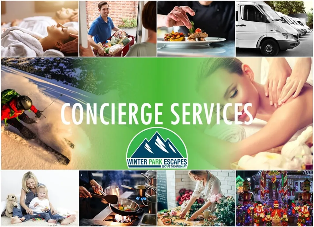 An inviting interior promotional display for concierge services, showing images of skiing, spa treatments, cooking, and child-friendly activities under the Winter Park Escapes brand. The collage exudes luxury, comfort, and a wide array of family-oriented services.
